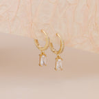 Gold Baguette CZ Drop Pave Huggie Hoop Earrings For Women E143
