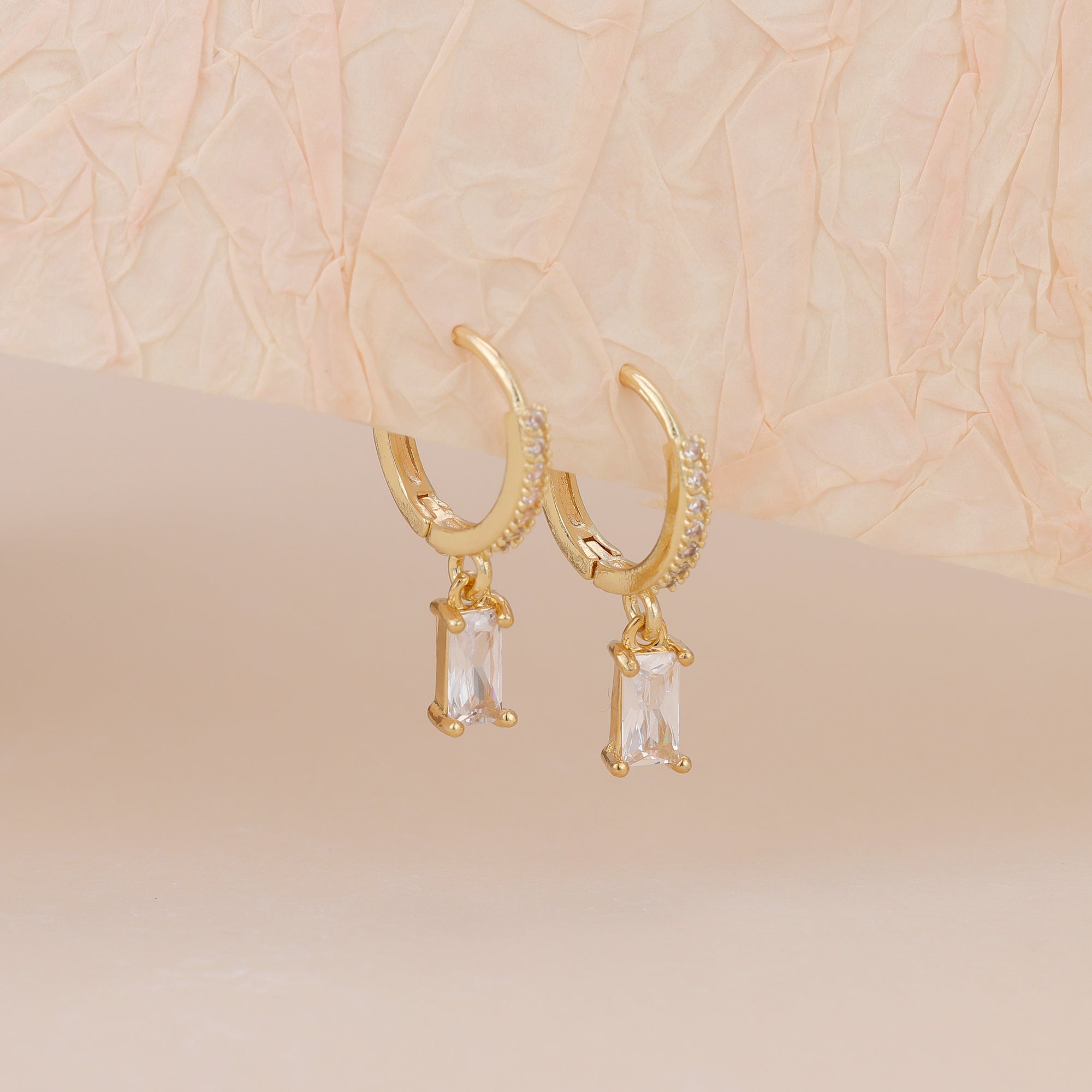Gold Baguette CZ Drop Pave Huggie Hoop Earrings For Women E143