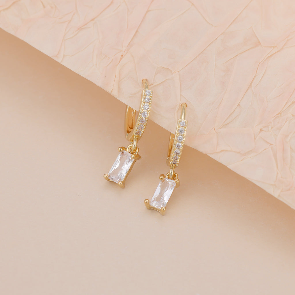 Gold Baguette CZ Drop Pave Huggie Hoop Earrings For Women E143