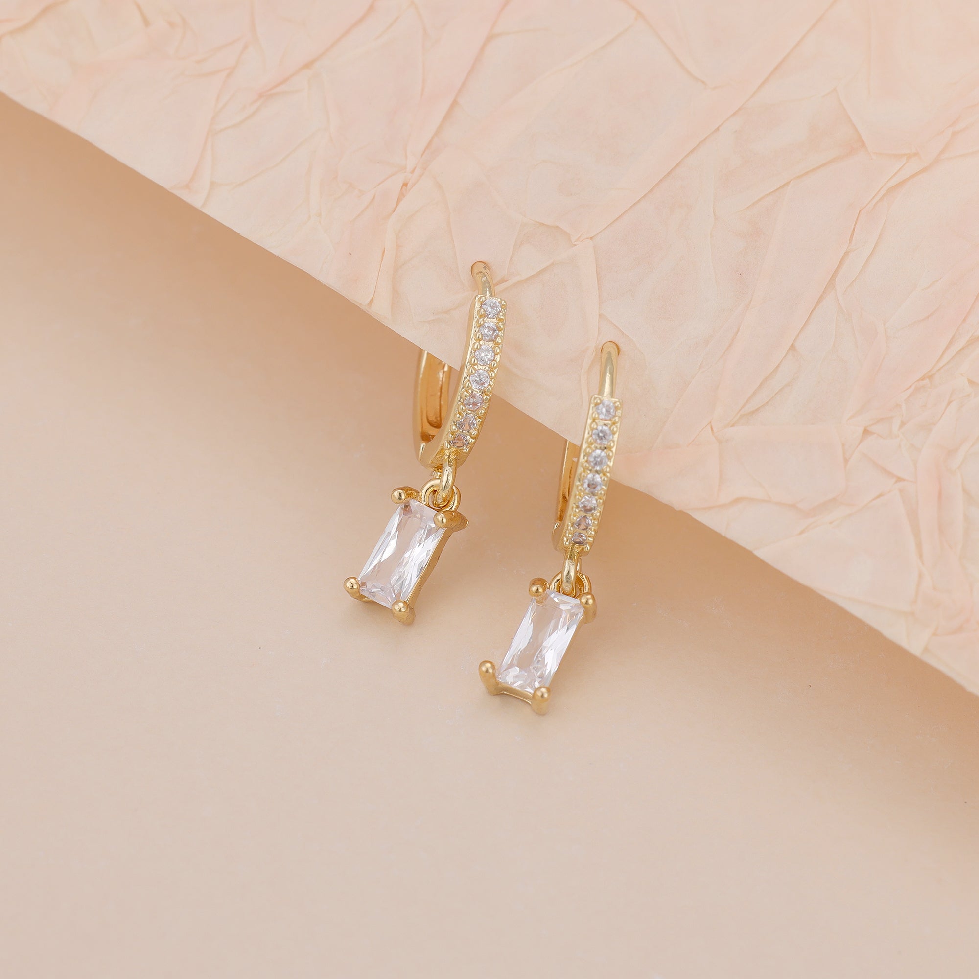 Gold Baguette CZ Drop Pave Huggie Hoop Earrings For Women E143