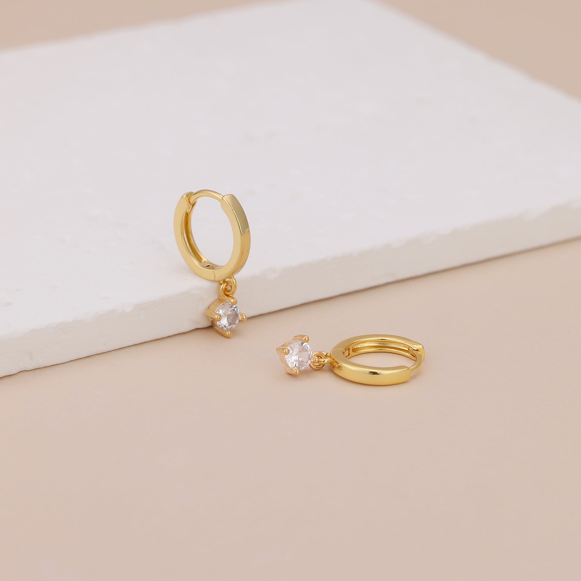 Gold Huggie Hoop Dainty Cubic Zirconia Solitaire Earrings E165