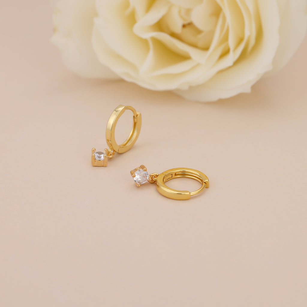 Gold Huggie Hoop Dainty Cubic Zirconia Solitaire Earrings E165