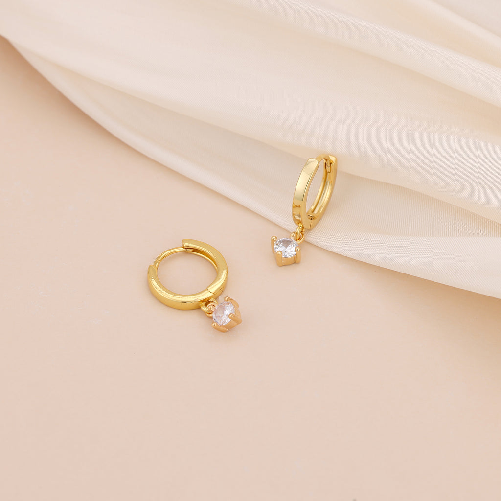 Gold Huggie Hoop Dainty Cubic Zirconia Solitaire Earrings E165