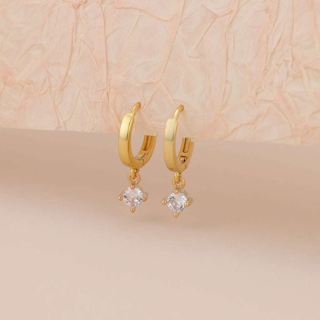 Gold Huggie Hoop Dainty Cubic Zirconia Solitaire Earrings E165