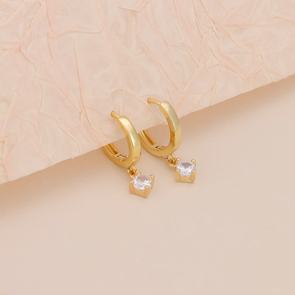 Gold Huggie Hoop Dainty Cubic Zirconia Solitaire Earrings E165