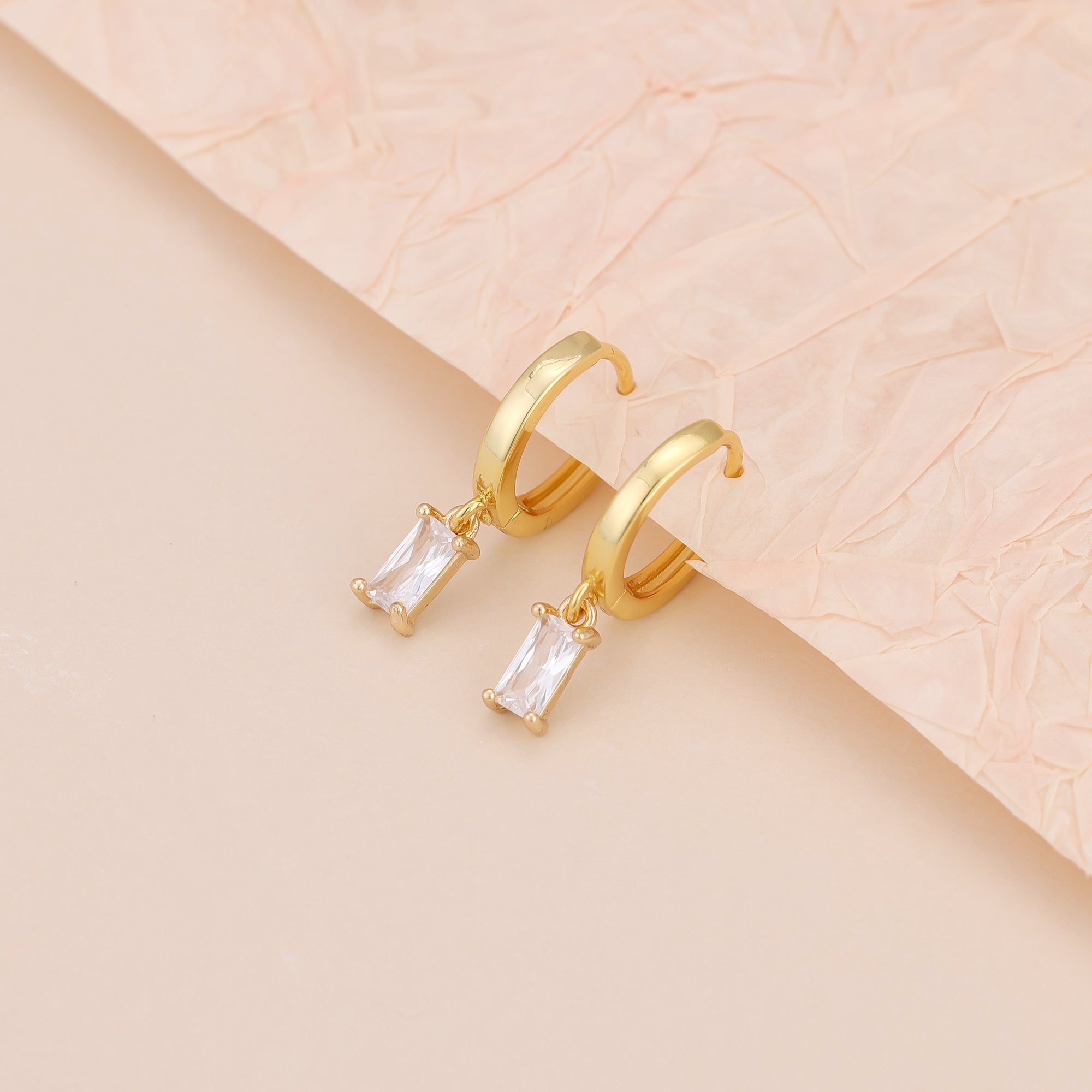 Gold Huggie Hoop Dainty Cubic Zirconia Baguette Earrings E166