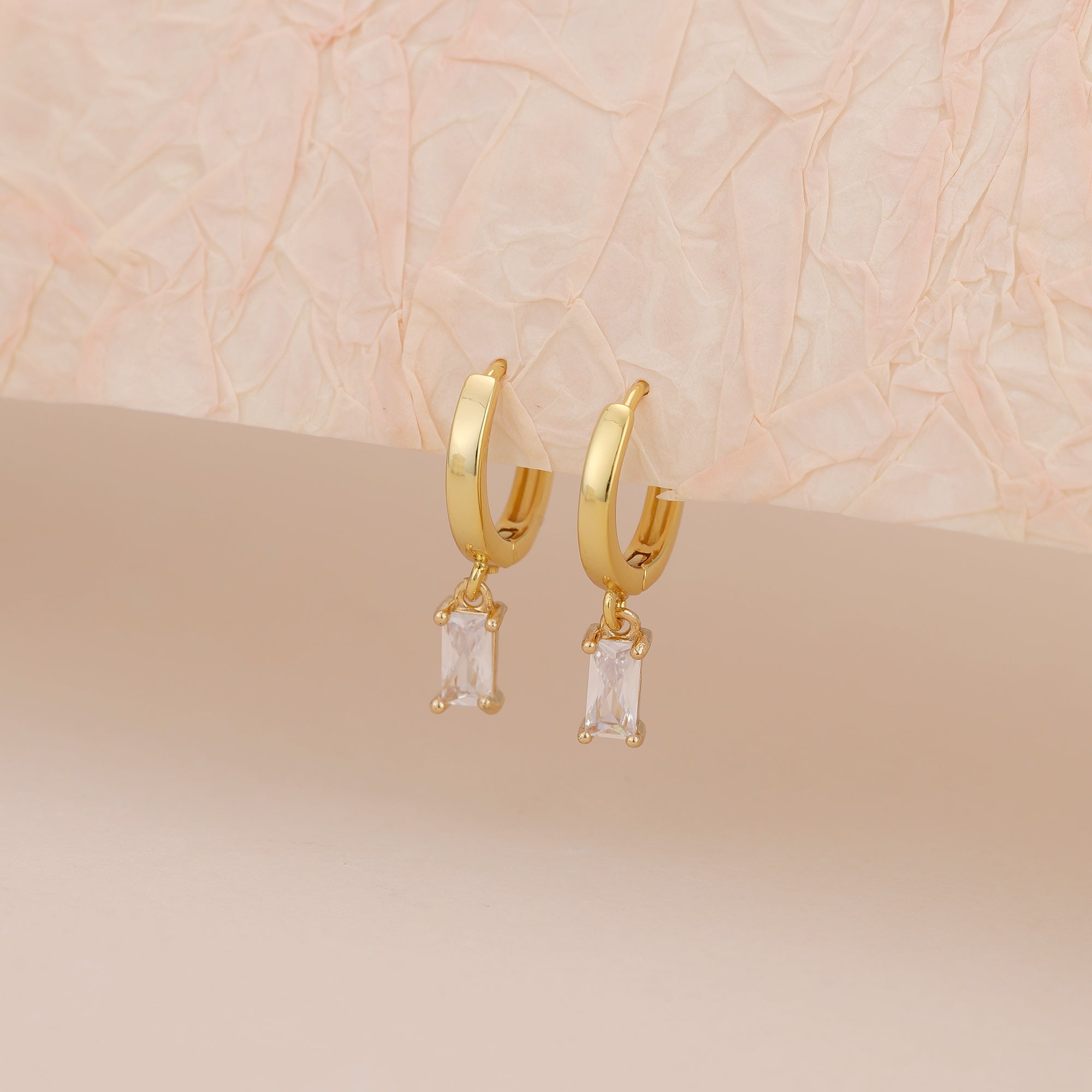 Gold Huggie Hoop Dainty Cubic Zirconia Baguette Earrings E166