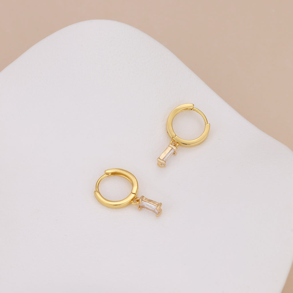 Gold Huggie Hoop Dainty Cubic Zirconia Baguette Earrings E166