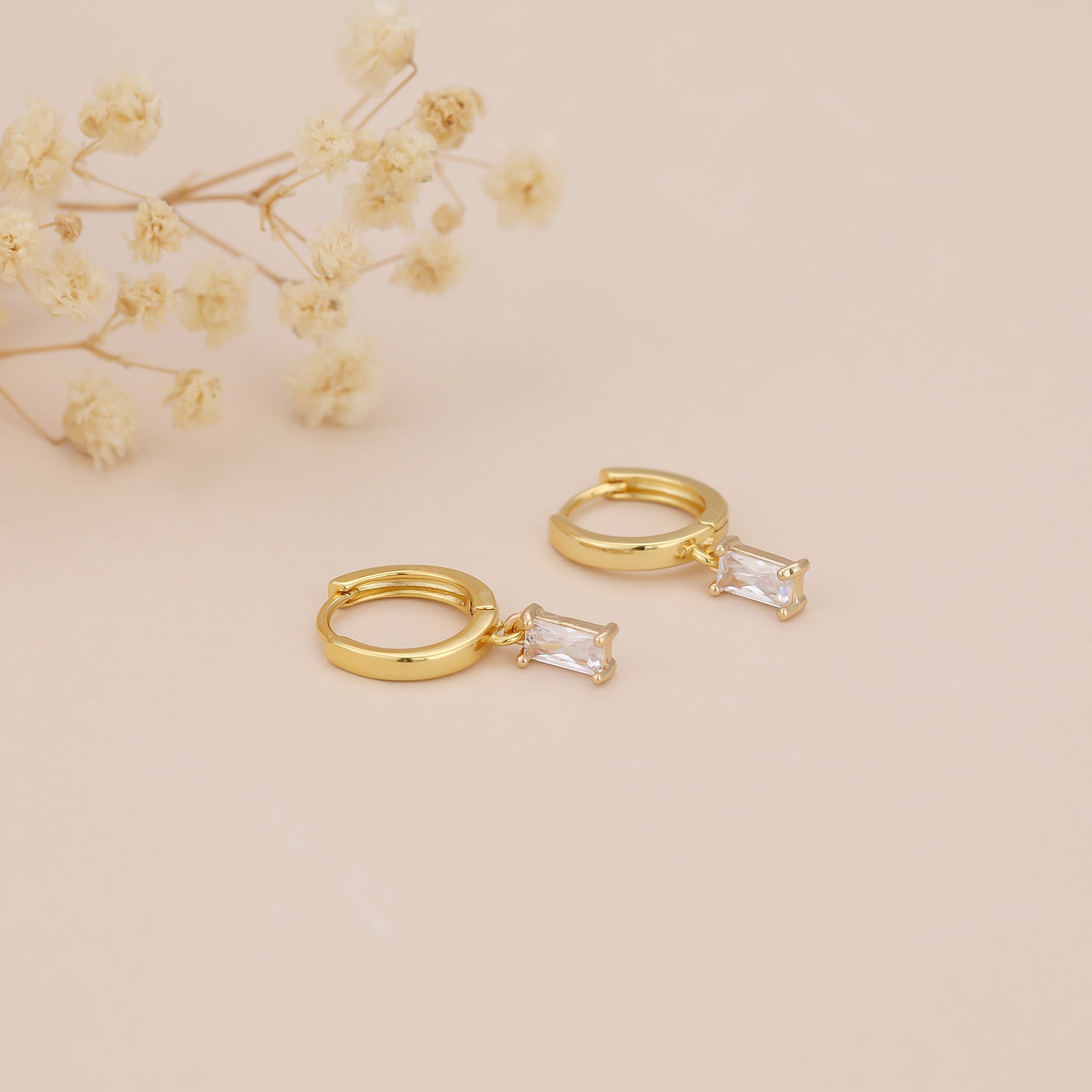 Gold Huggie Hoop Dainty Cubic Zirconia Baguette Earrings E166