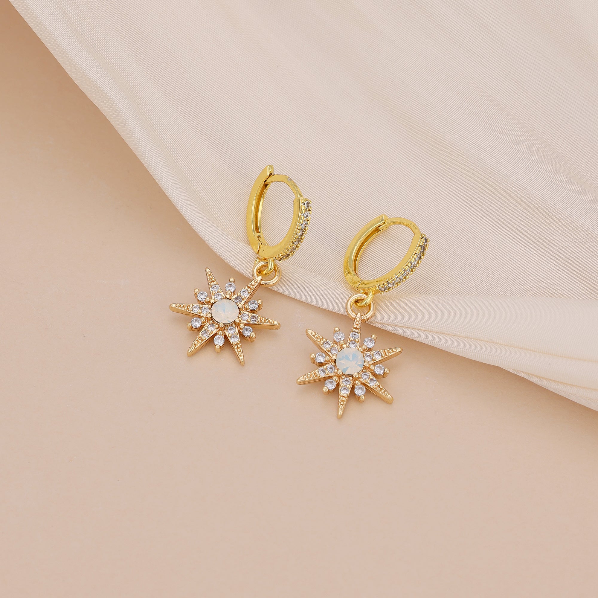 Gold Plated Opal Starburst Drop Huggie Hoop Earrings For Women E145