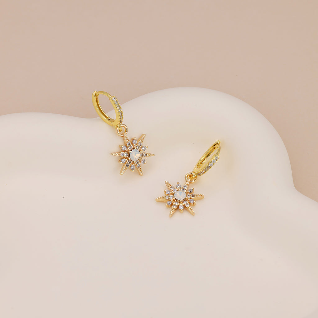 Gold Plated Opal Starburst Drop Huggie Hoop Earrings For Women E145