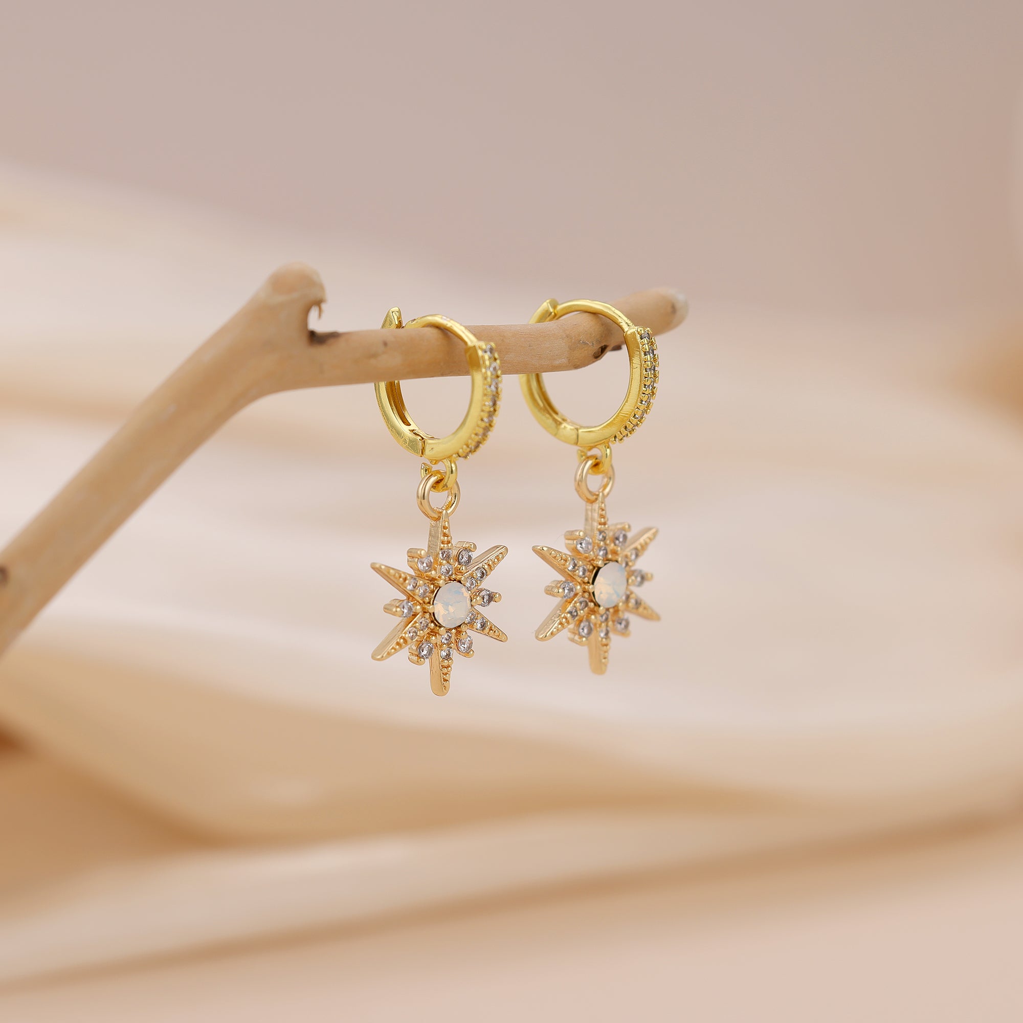 Gold Plated Opal Starburst Drop Huggie Hoop Earrings For Women E145