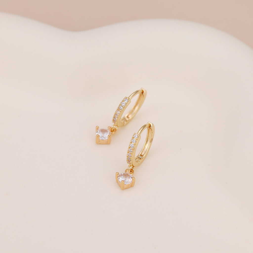 Gold Pave CZ Solitaire Drop Huggie Hoop Earrings For Women E156