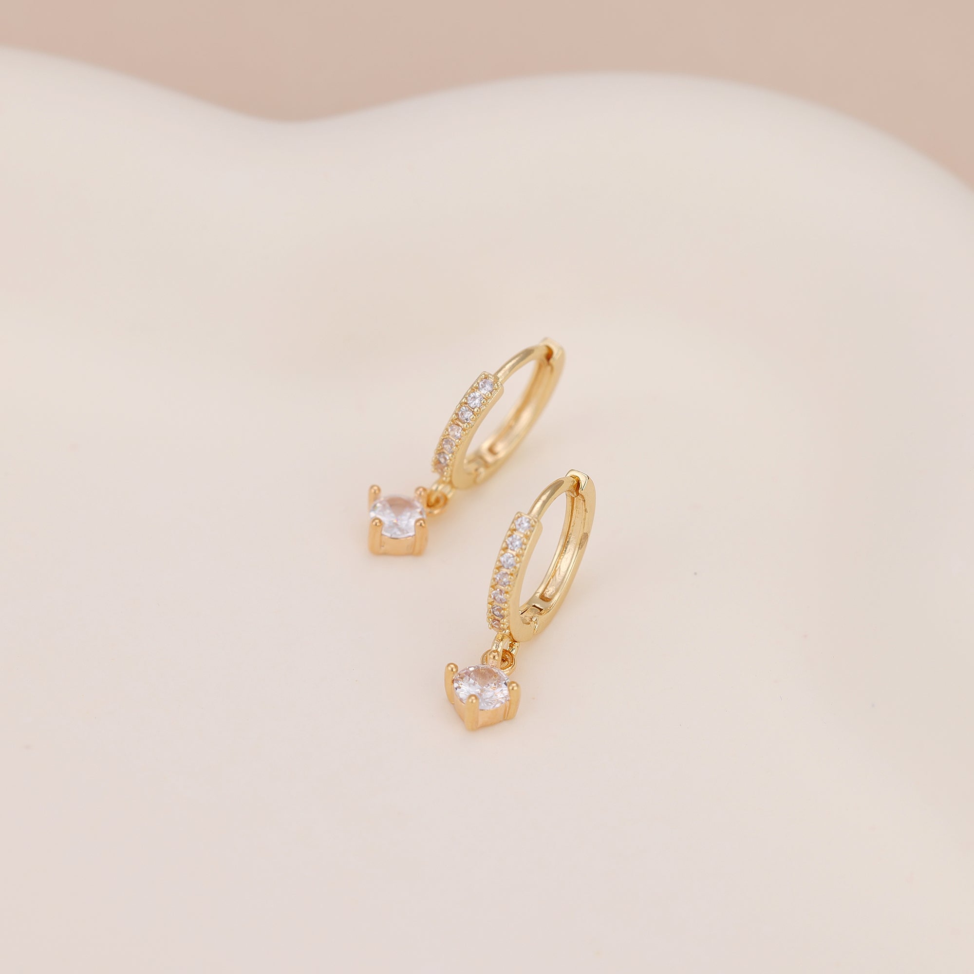 Gold Pave CZ Solitaire Drop Huggie Hoop Earrings For Women E156