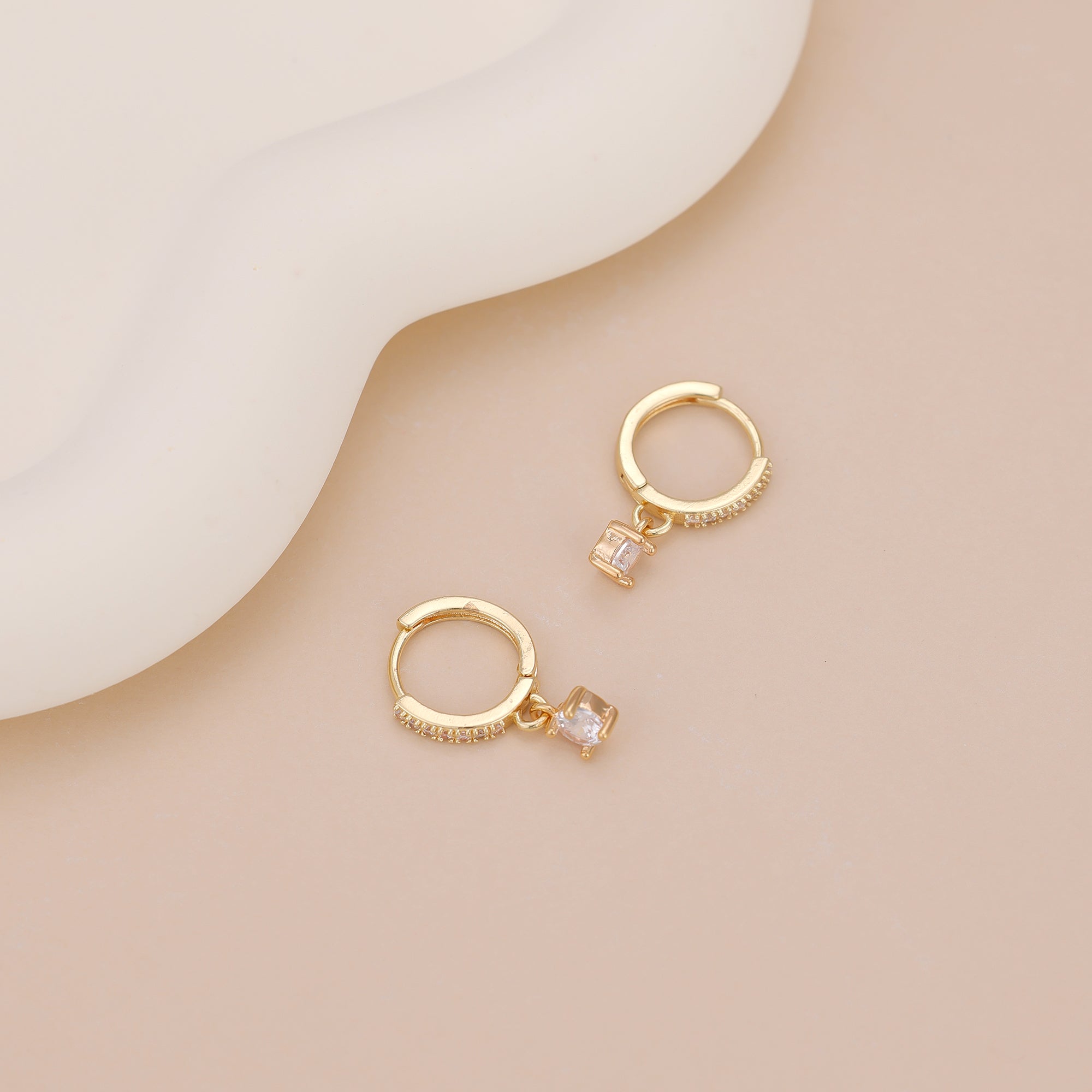 Gold Pave CZ Solitaire Drop Huggie Hoop Earrings For Women E156
