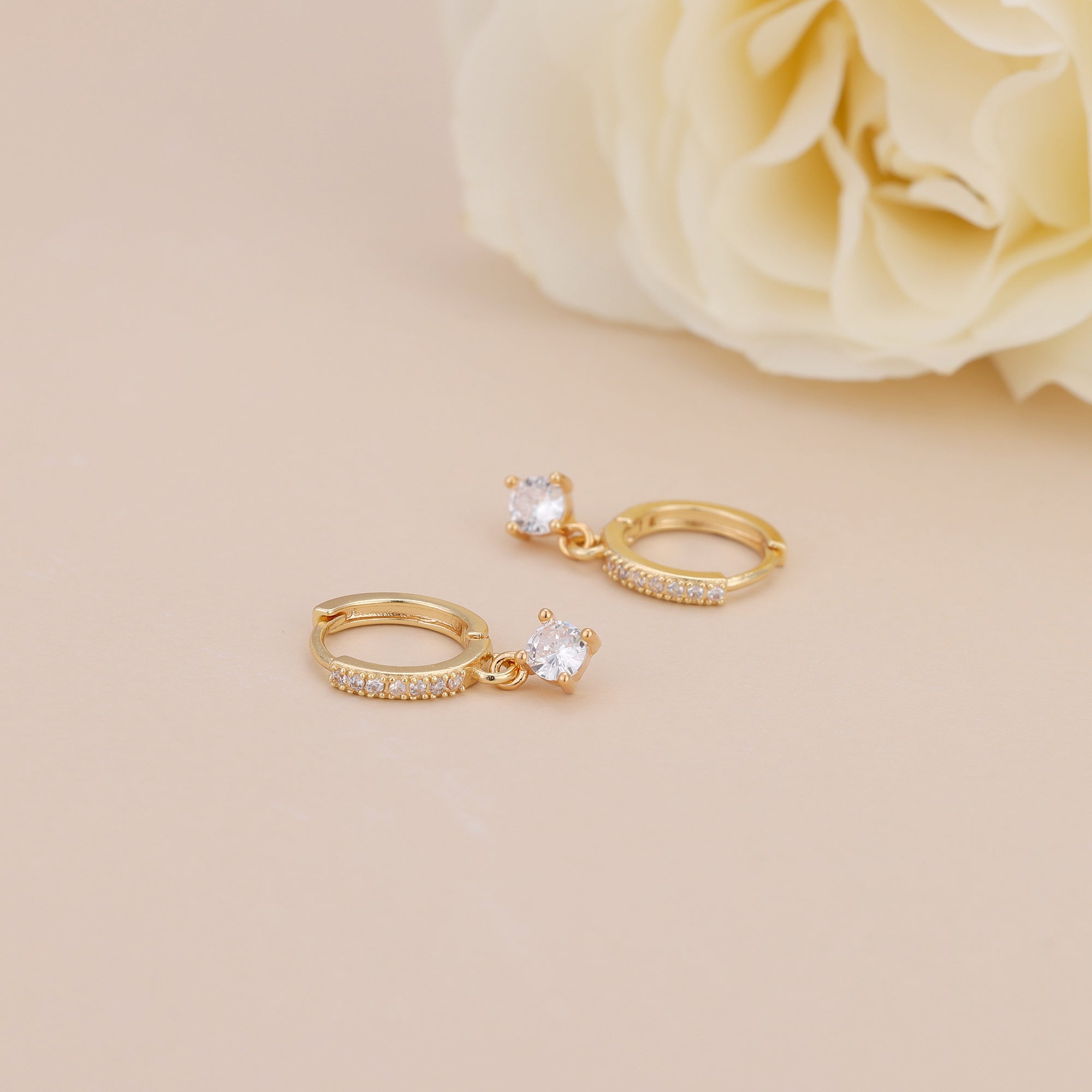 Gold Pave CZ Solitaire Drop Huggie Hoop Earrings For Women E156