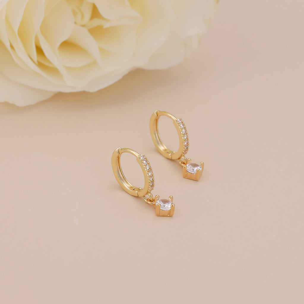 Gold Pave CZ Solitaire Drop Huggie Hoop Earrings For Women E156