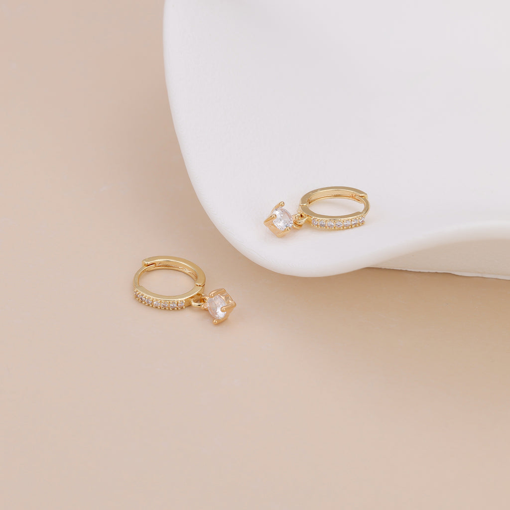 Gold Pave CZ Solitaire Drop Huggie Hoop Earrings For Women E156