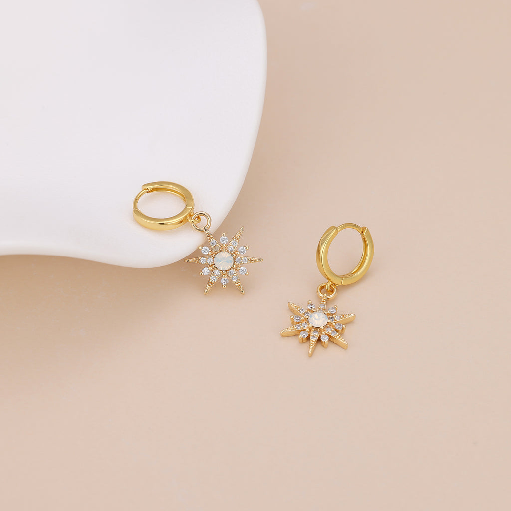Gold Plated Opal Starburst Drop Huggie Hoop Earrings For Women E145