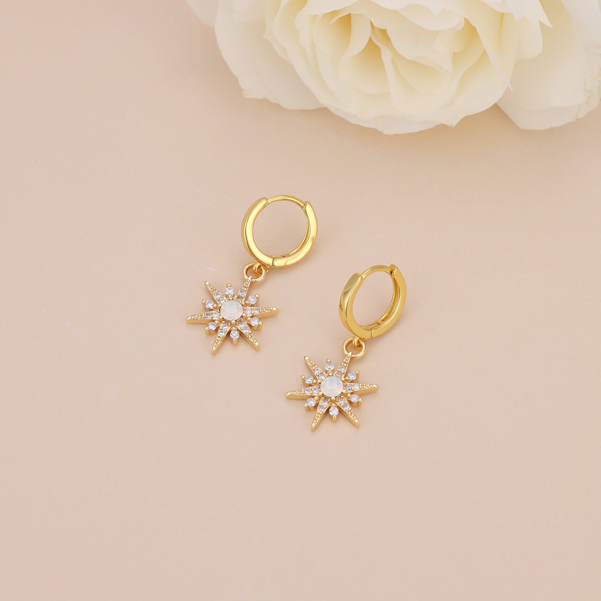 Gold Plated Opal Starburst Drop Huggie Hoop Earrings For Women E145