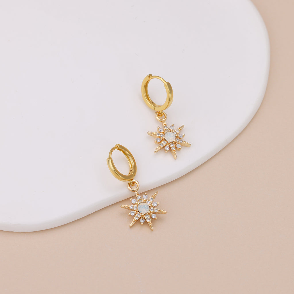 Gold Plated Opal Starburst Drop Huggie Hoop Earrings For Women E145