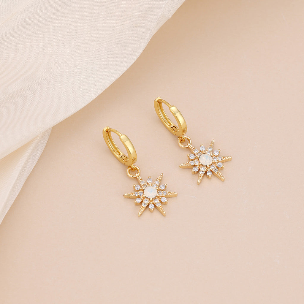 Gold Plated Opal Starburst Drop Huggie Hoop Earrings For Women E145