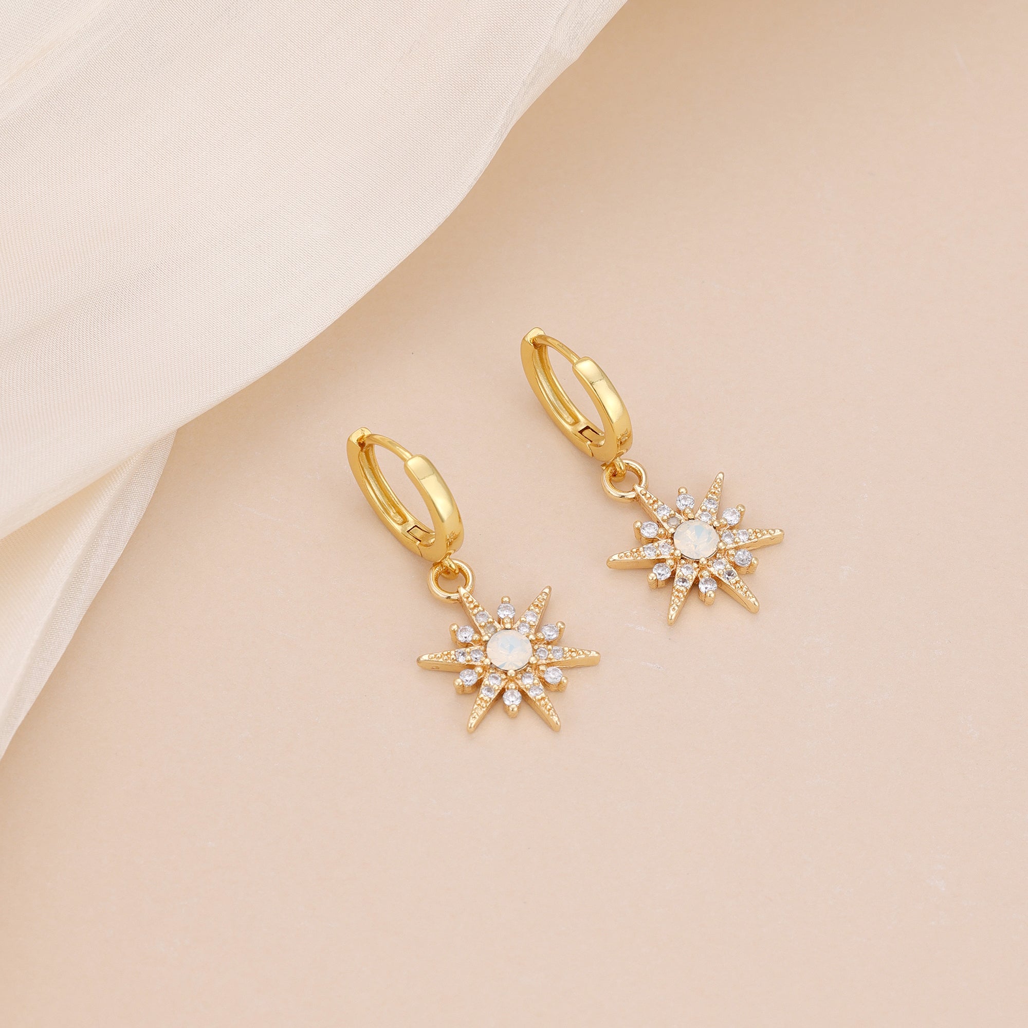 Gold Plated Opal Starburst Drop Huggie Hoop Earrings For Women E145