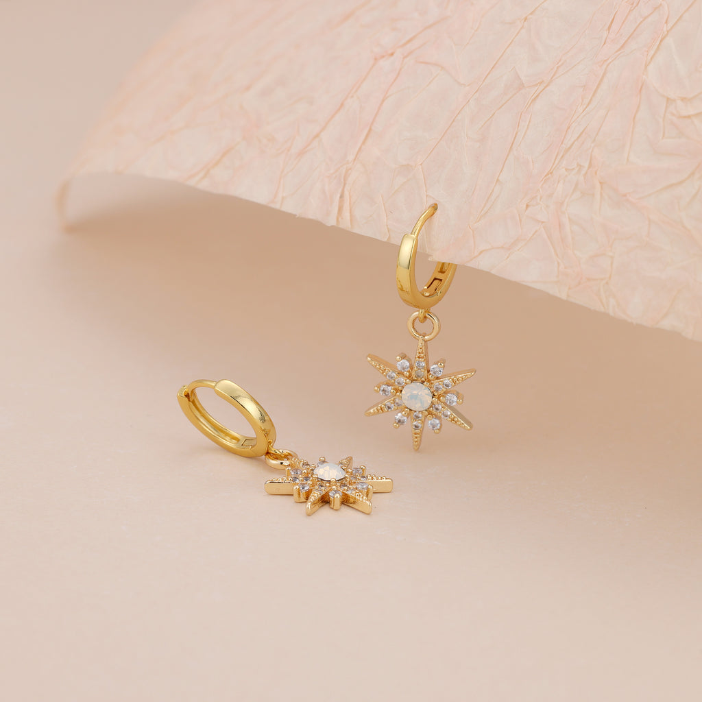Gold Plated Opal Starburst Drop Huggie Hoop Earrings For Women E145