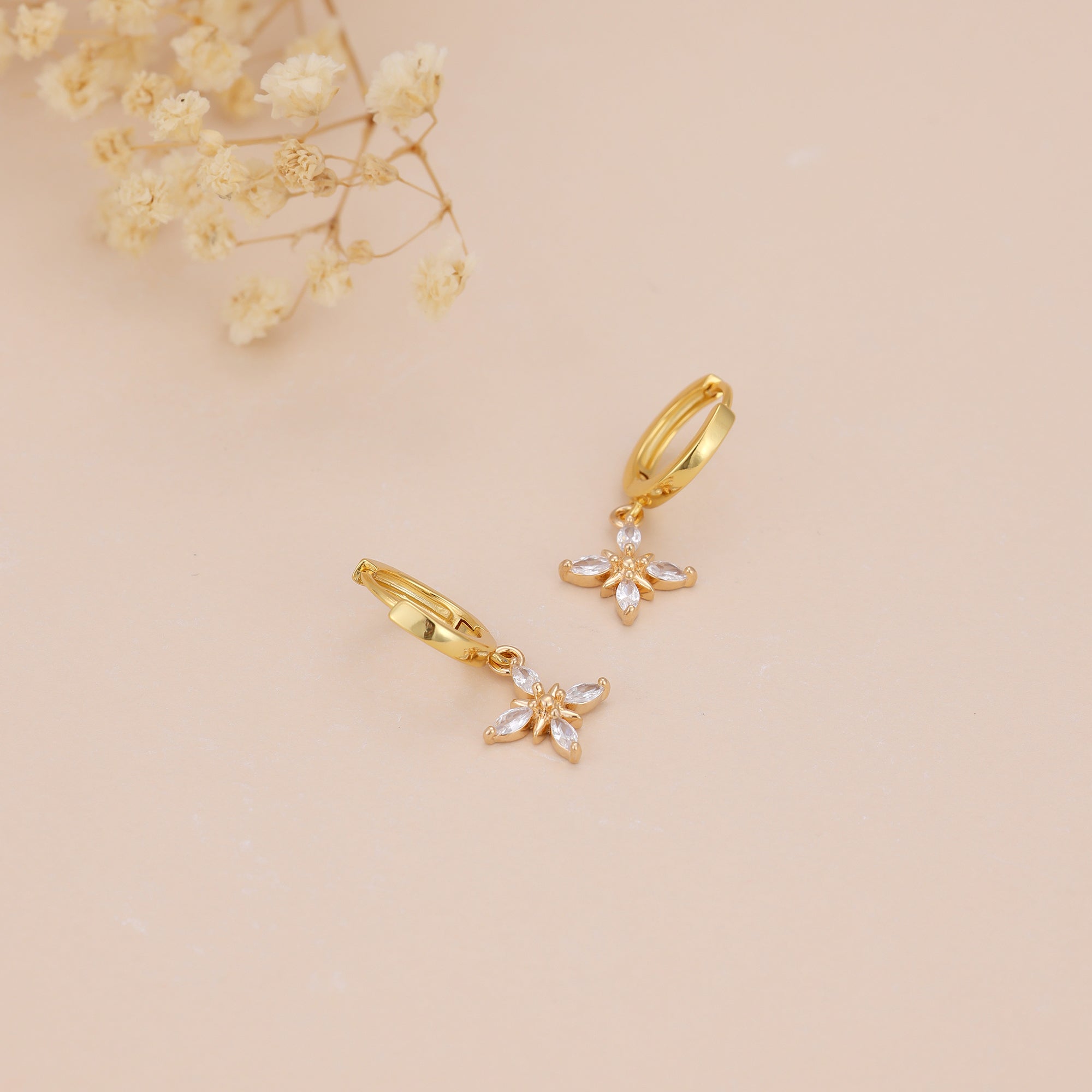 Gold Pave CZ Flower Drop Huggie Hoop Earrings For Women E148