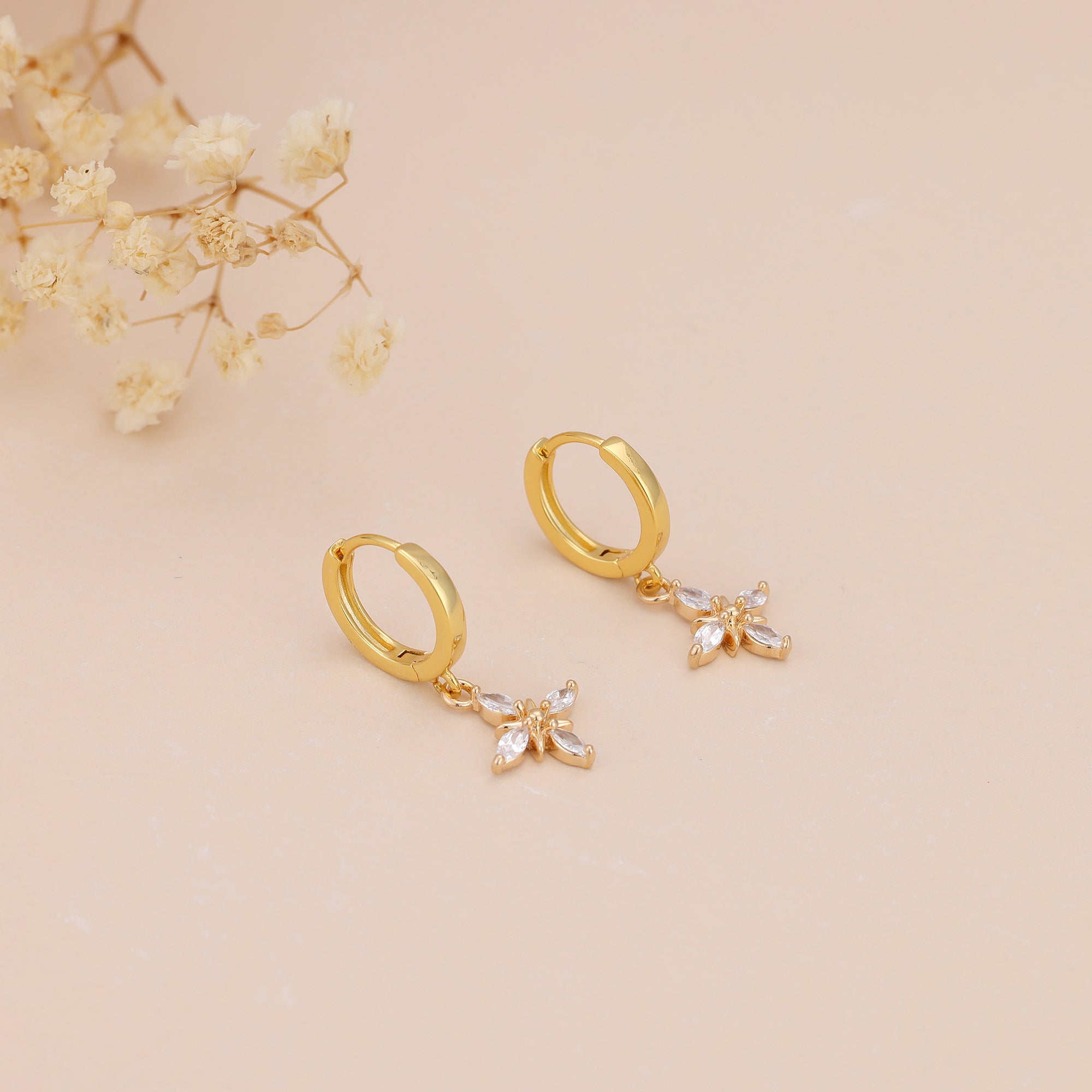 Gold Pave CZ Flower Drop Huggie Hoop Earrings For Women E148