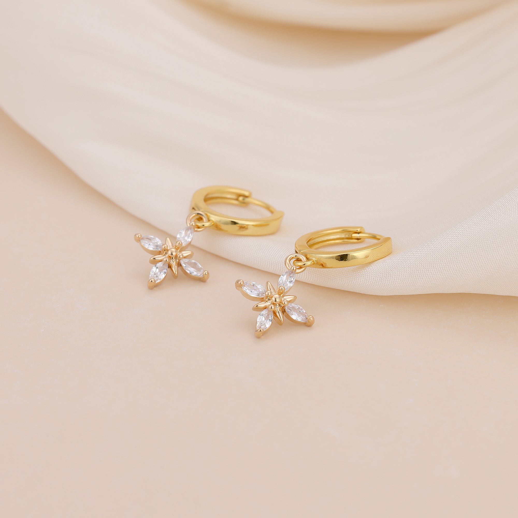 Gold Pave CZ Flower Drop Huggie Hoop Earrings For Women E148