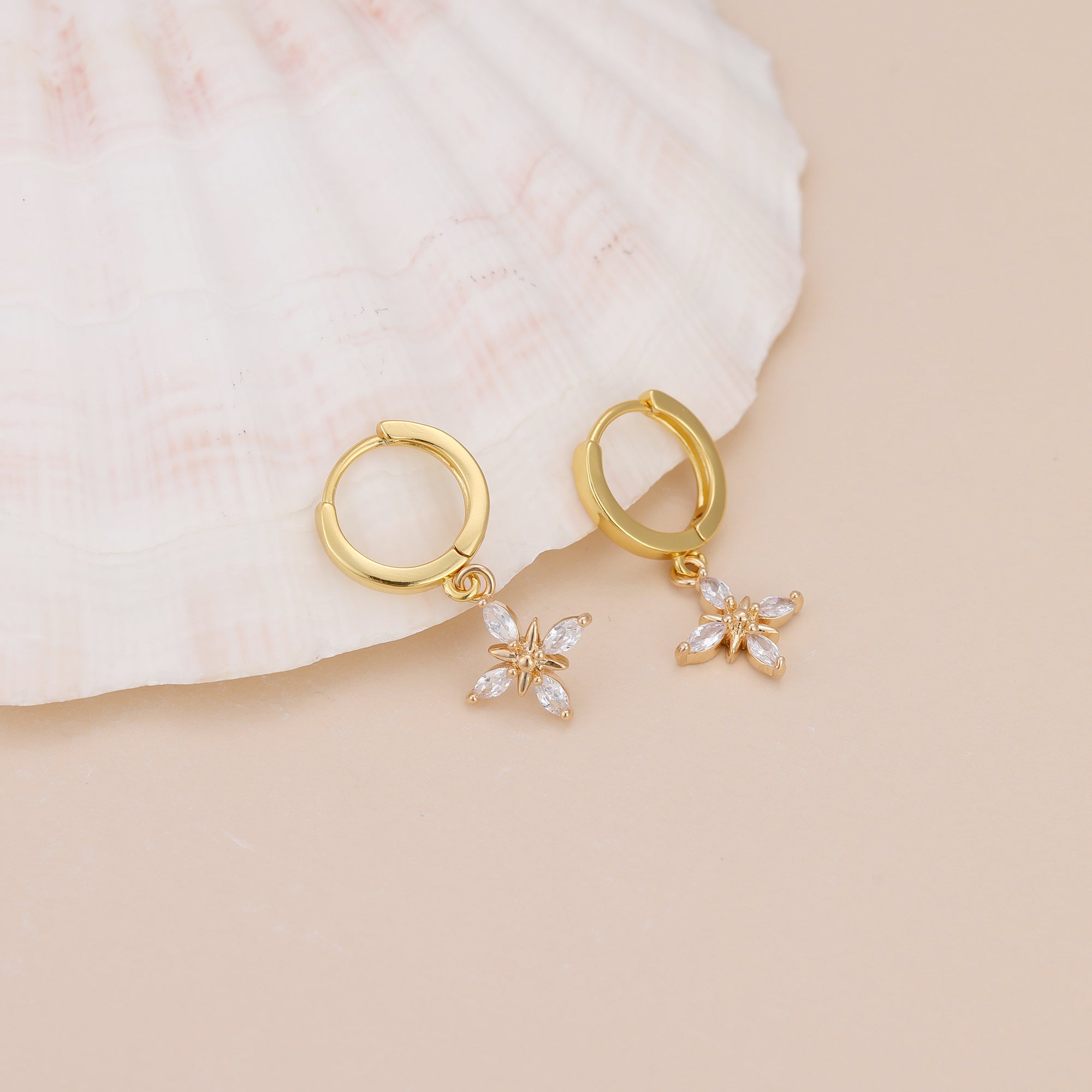 Gold Pave CZ Flower Drop Huggie Hoop Earrings For Women E148