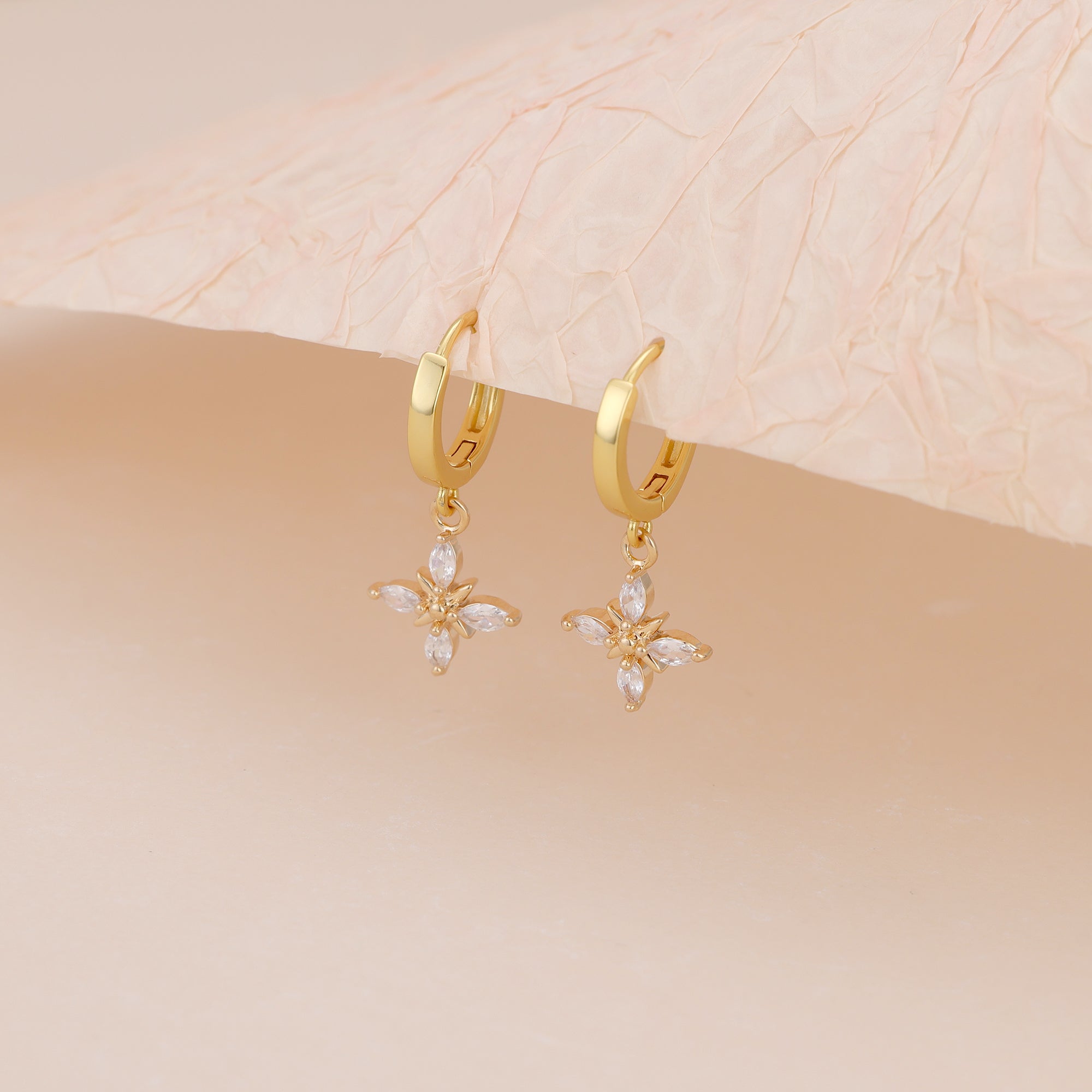 Gold Pave CZ Flower Drop Huggie Hoop Earrings For Women E148