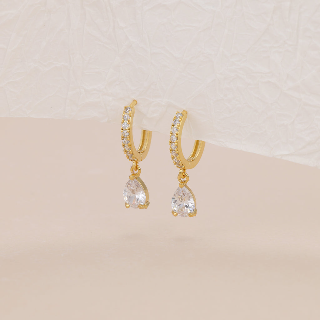 Gold Baguette Paved Huggie Hoop Dangle Earrings E019