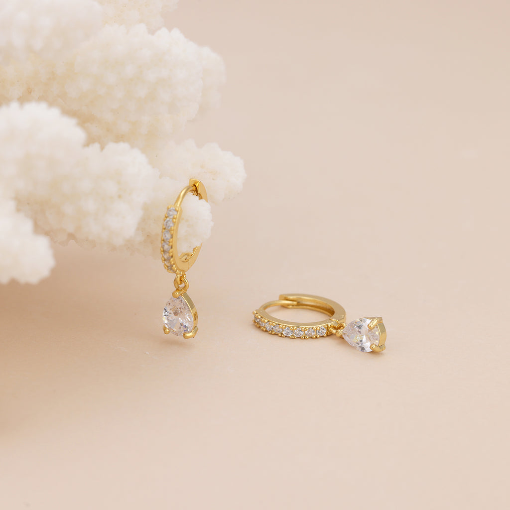 Gold Baguette Paved Huggie Hoop Dangle Earrings E019