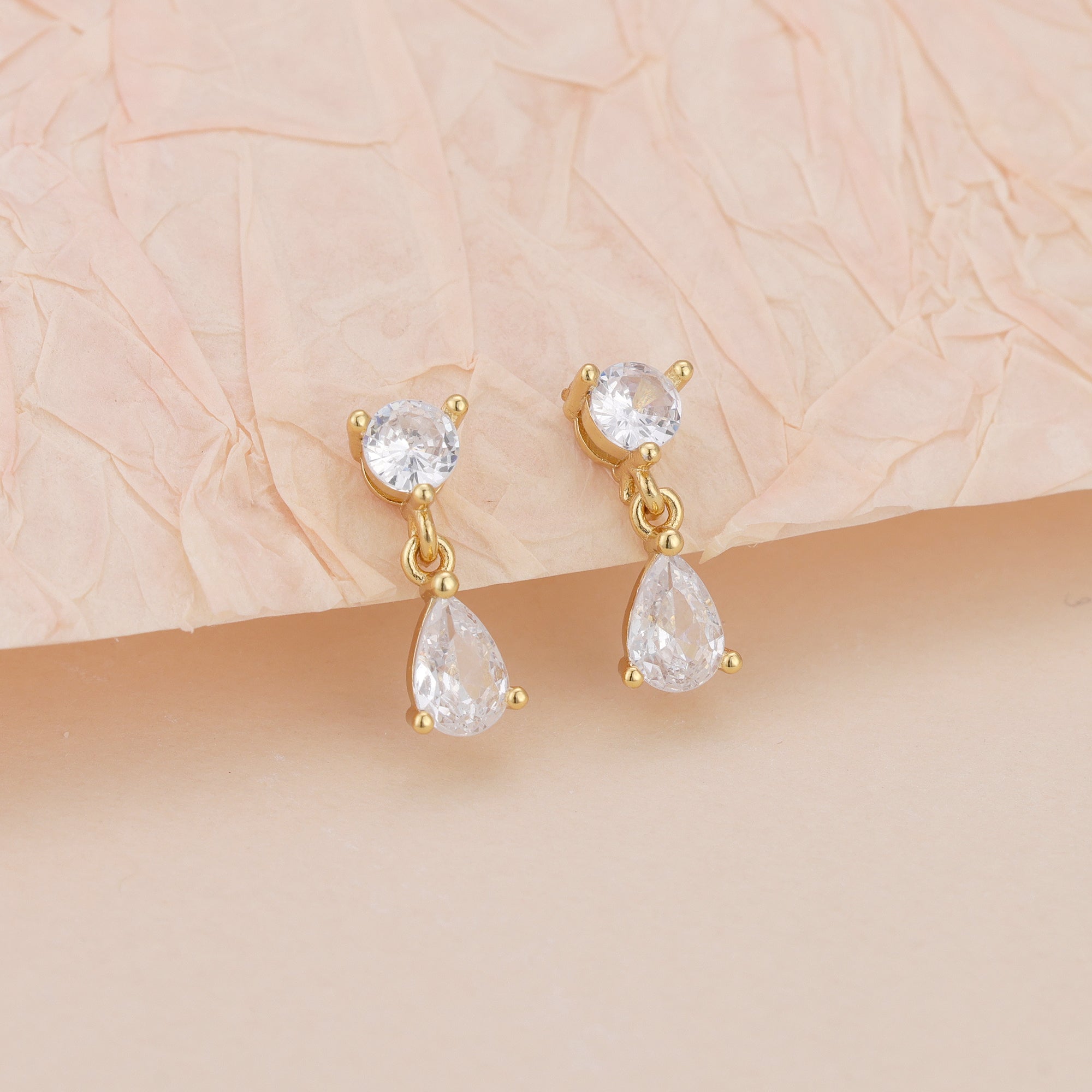 Gold CZ Teardrop Dangle Stud Earrings for Women E176