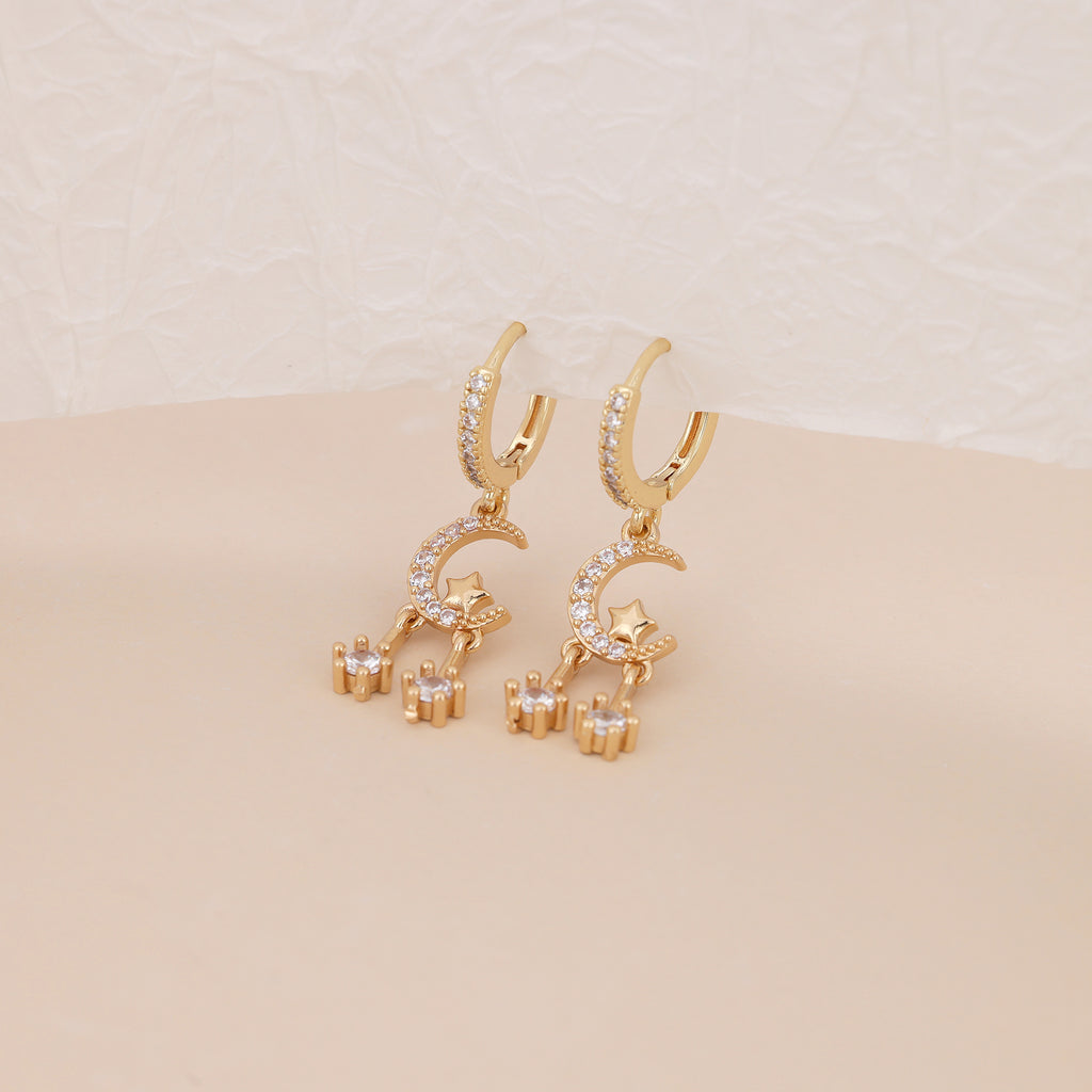 Gold Pave CZ Celestial Moon Star Drop Huggie Hoop Earrings E144