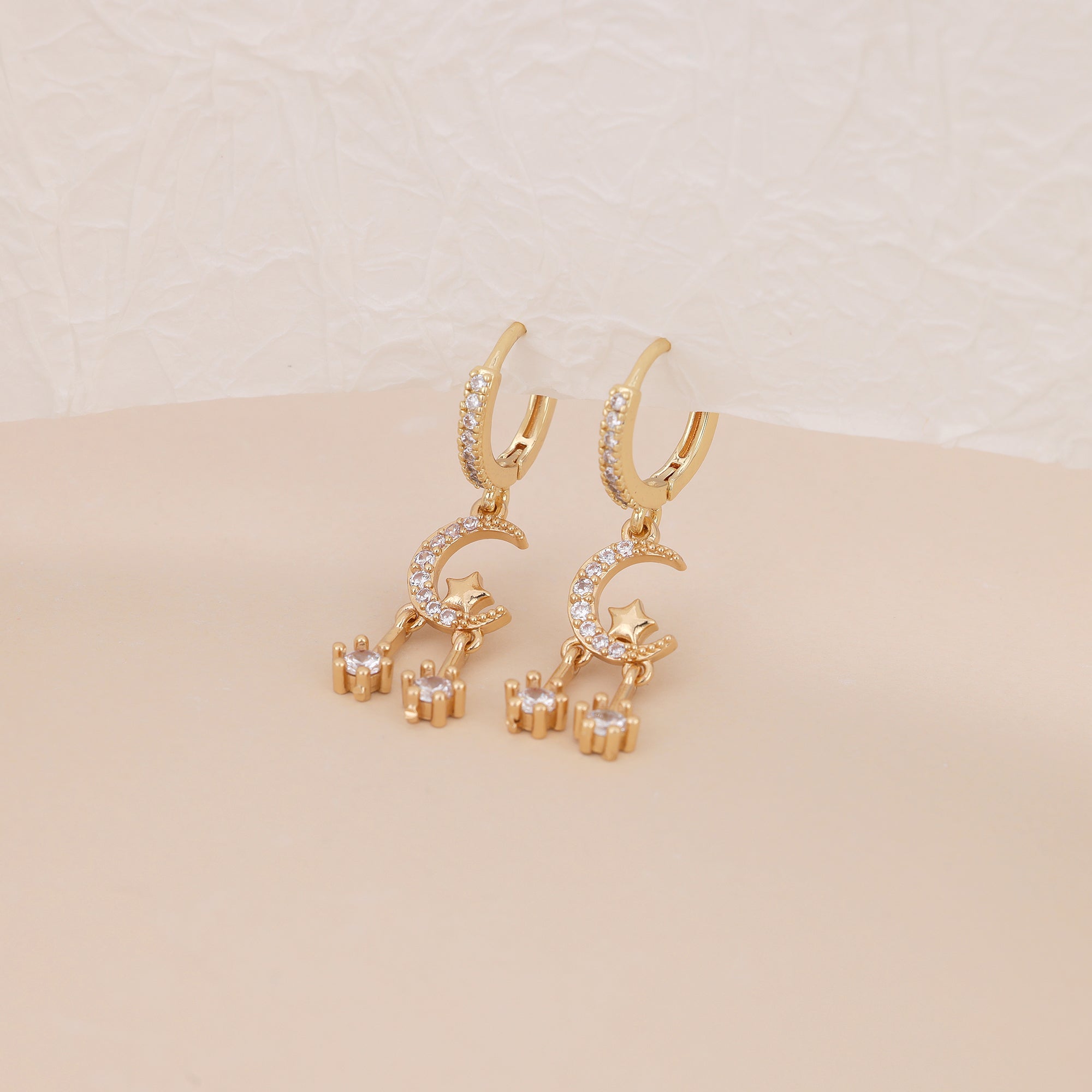 Gold Pave CZ Celestial Moon Star Drop Huggie Hoop Earrings E144