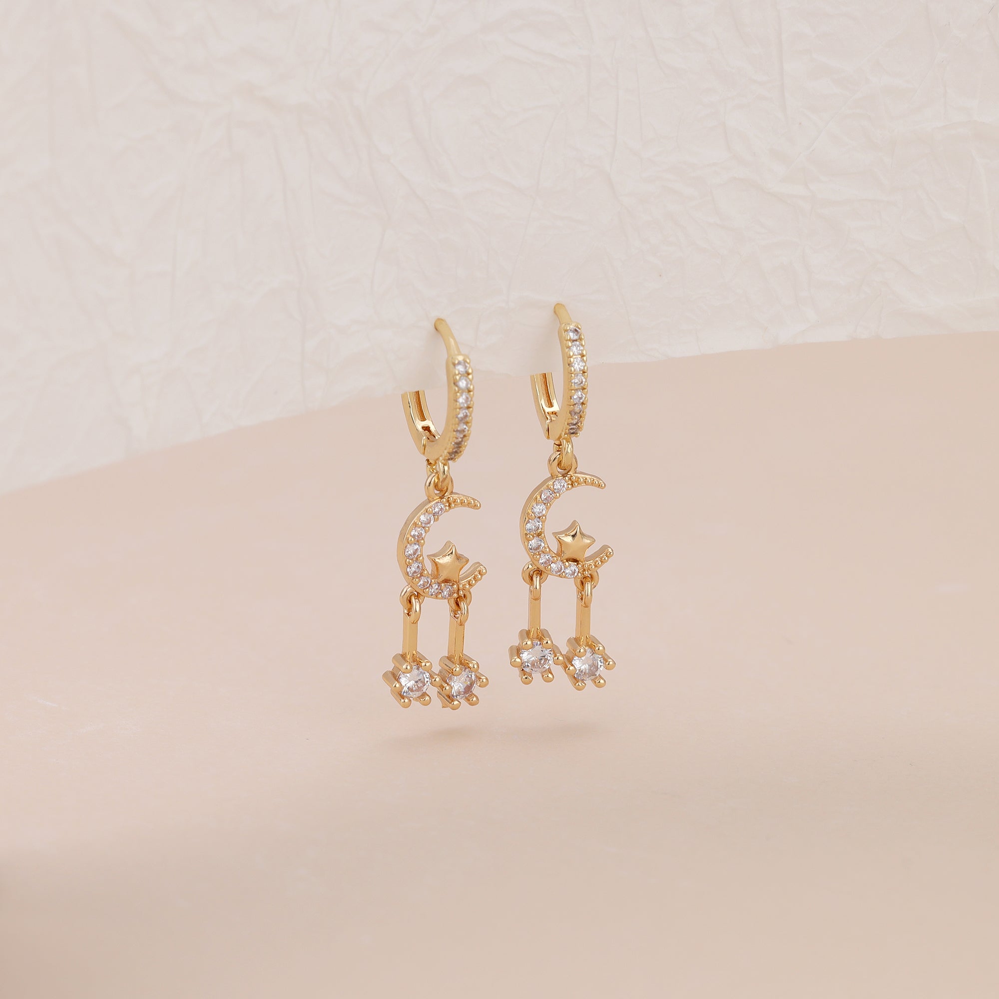 Gold Pave CZ Celestial Moon Star Drop Huggie Hoop Earrings E144