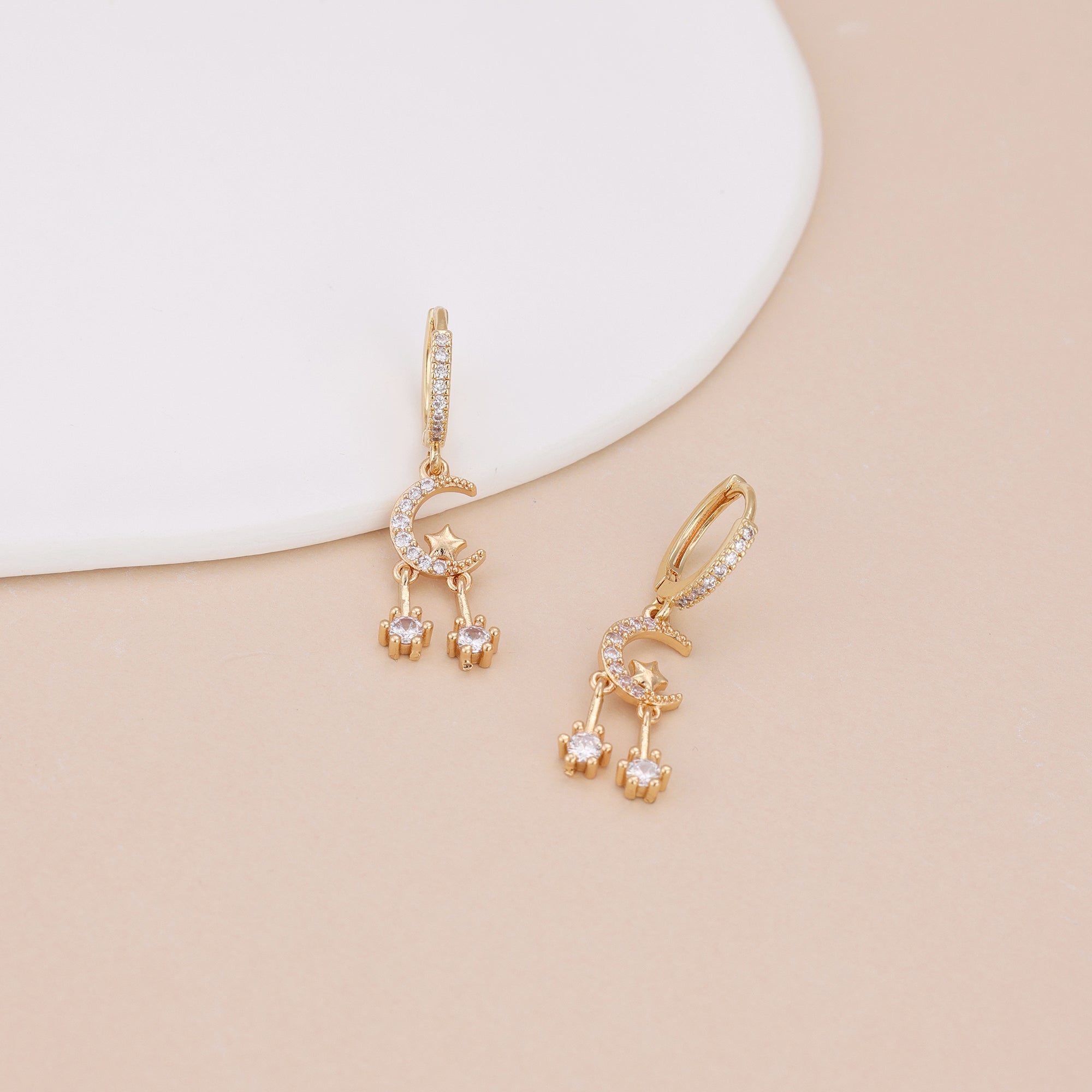 Gold Pave CZ Celestial Moon Star Drop Huggie Hoop Earrings E144