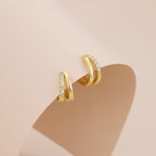 Gold Double Hoop CZ Huggie Hoop Earrings for Women E182