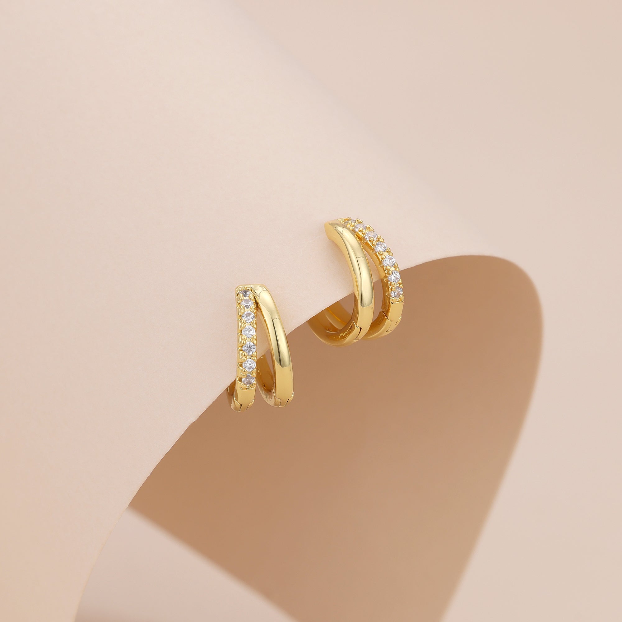 Gold Double Hoop CZ Huggie Hoop Earrings for Women E182