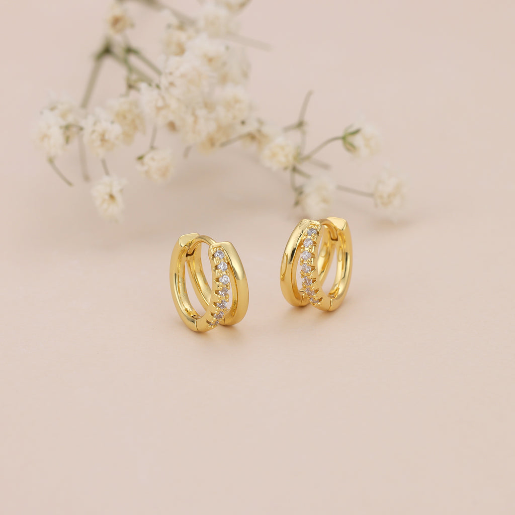 Gold Double Hoop CZ Huggie Hoop Earrings for Women E182