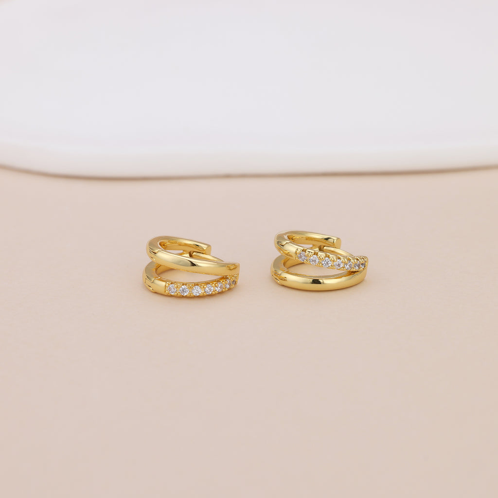 Gold Double Hoop CZ Huggie Hoop Earrings for Women E182