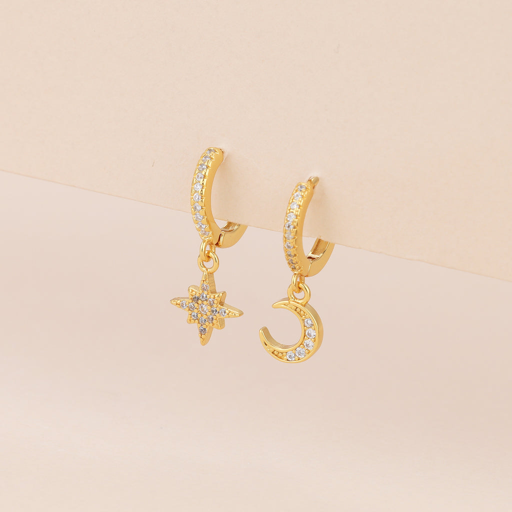 Gold Pave Star And Moon Asymmetrical Huggie Hoop Drop Earrings E140