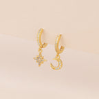 Moon star huggie dangle earrings, celestial earrings E140