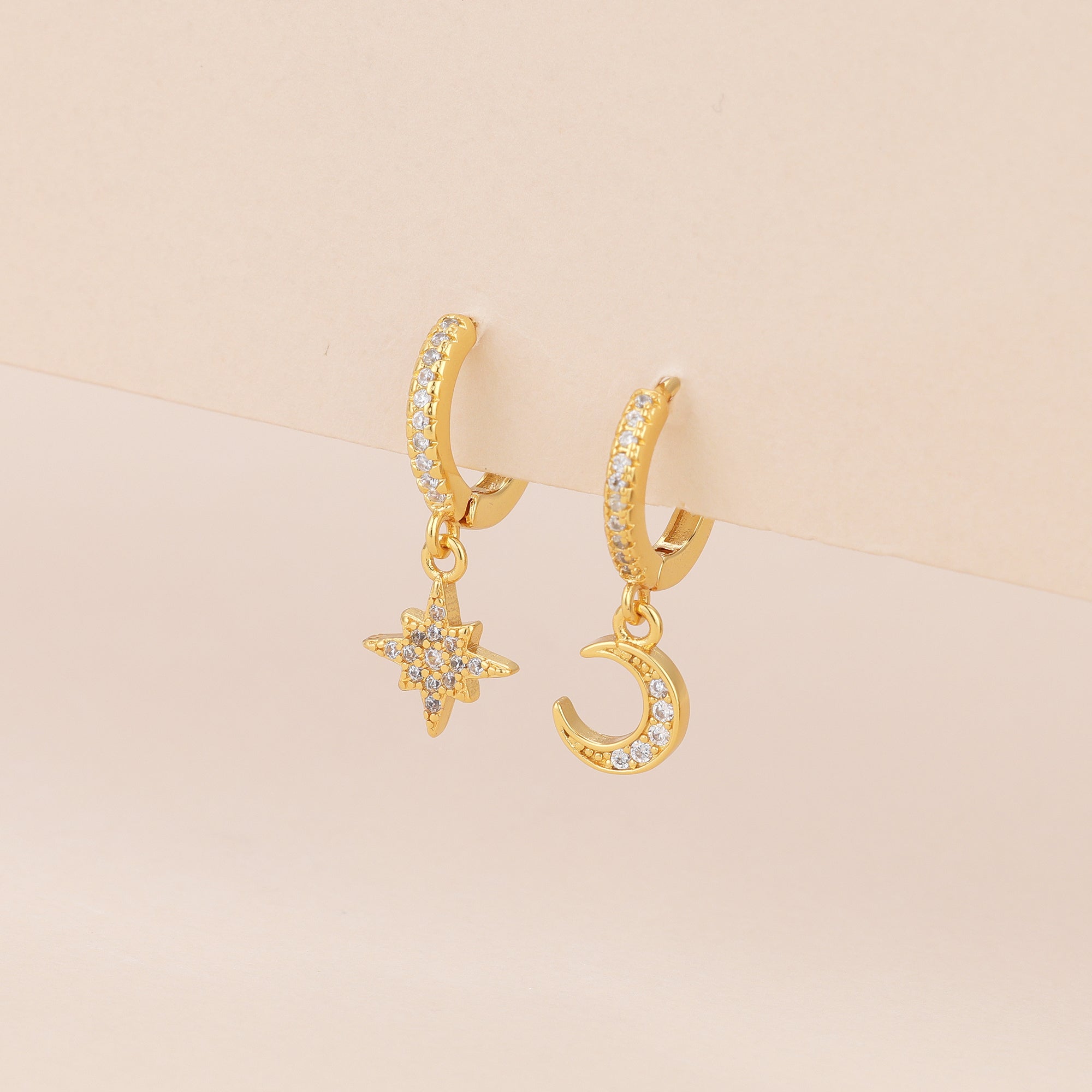 Moon star huggie dangle earrings, celestial earrings E140