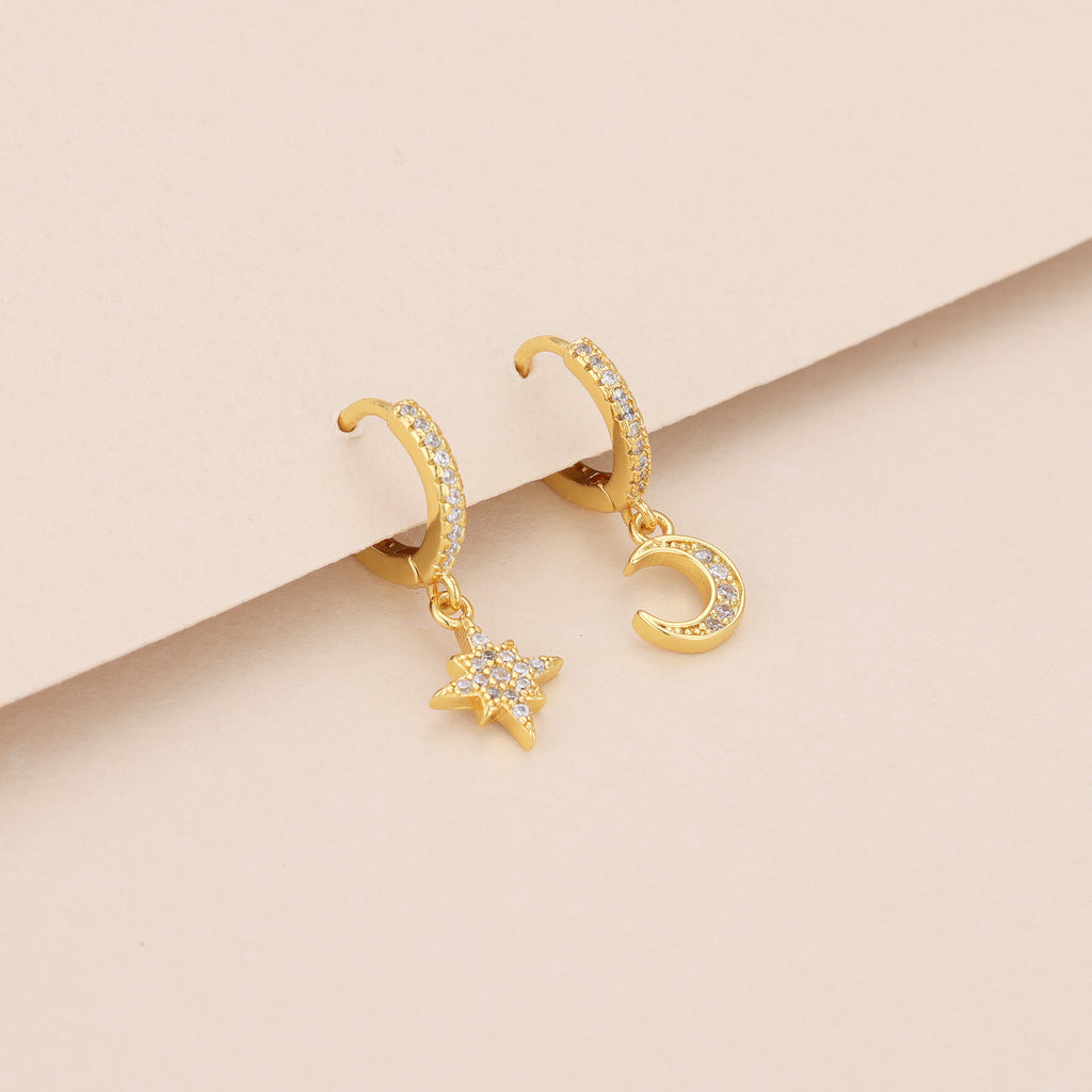 Gold Pave Star And Moon Asymmetrical Huggie Hoop Drop Earrings E140