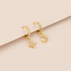 Gold Pave Star And Moon Asymmetrical Huggie Hoop Drop Earrings E140