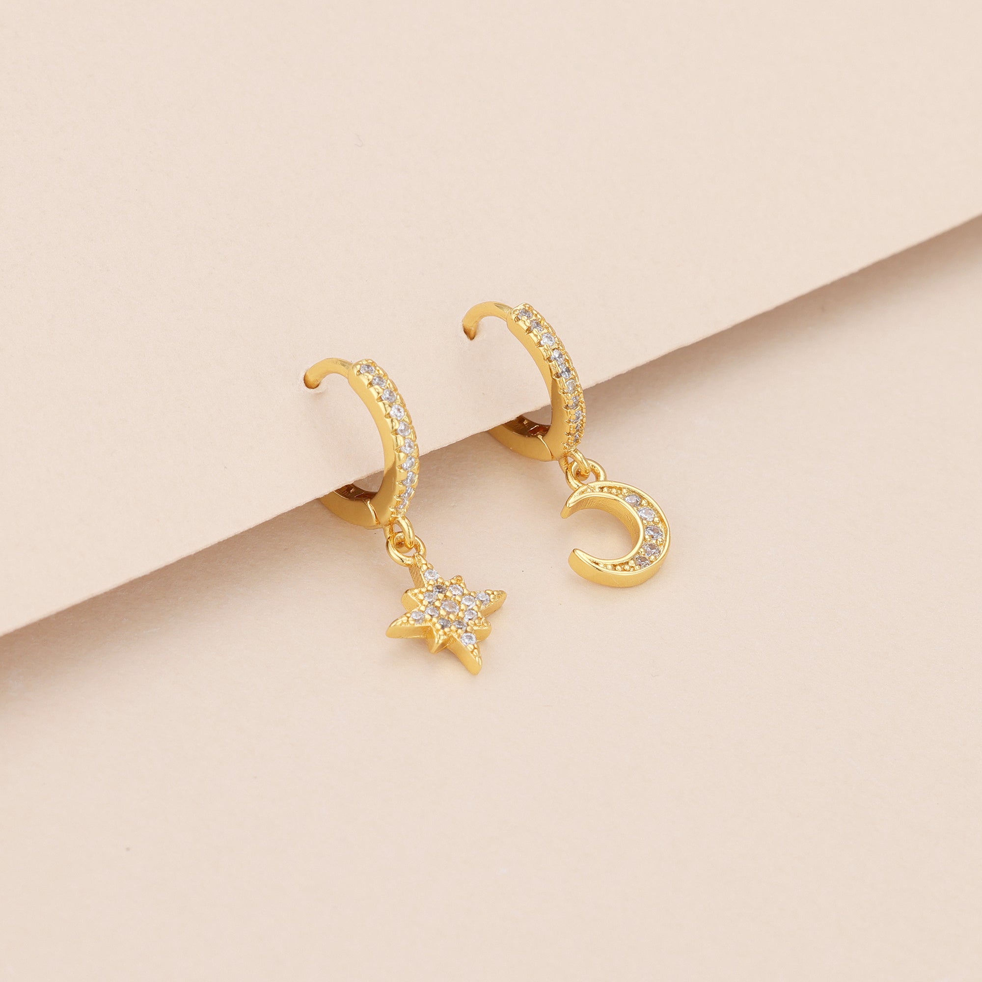 Gold Pave Star And Moon Asymmetrical Huggie Hoop Drop Earrings E140